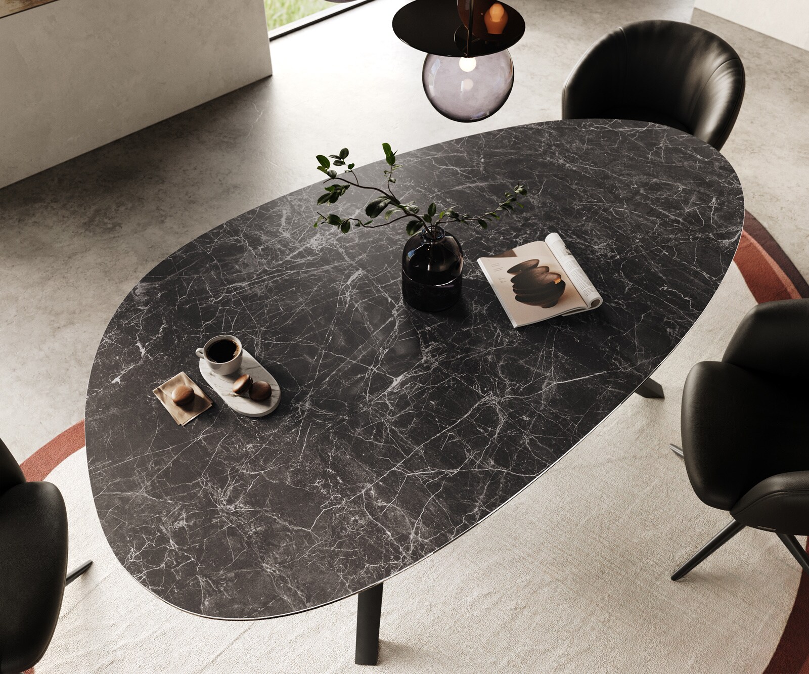 Eetkamertafel Edge ovaal 220x120 Laminam® keramiek Nero Greco Anthrazit Zenthara hoekig metaal zwart 3