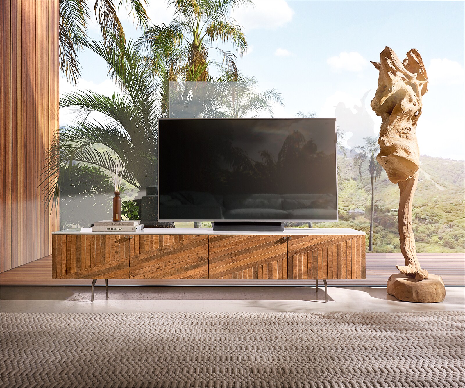 Tv-meubel Bahan 200 cm Mango Teak 4 deuren Marmeren blad wit hoekonderstel roestvrij staal 1