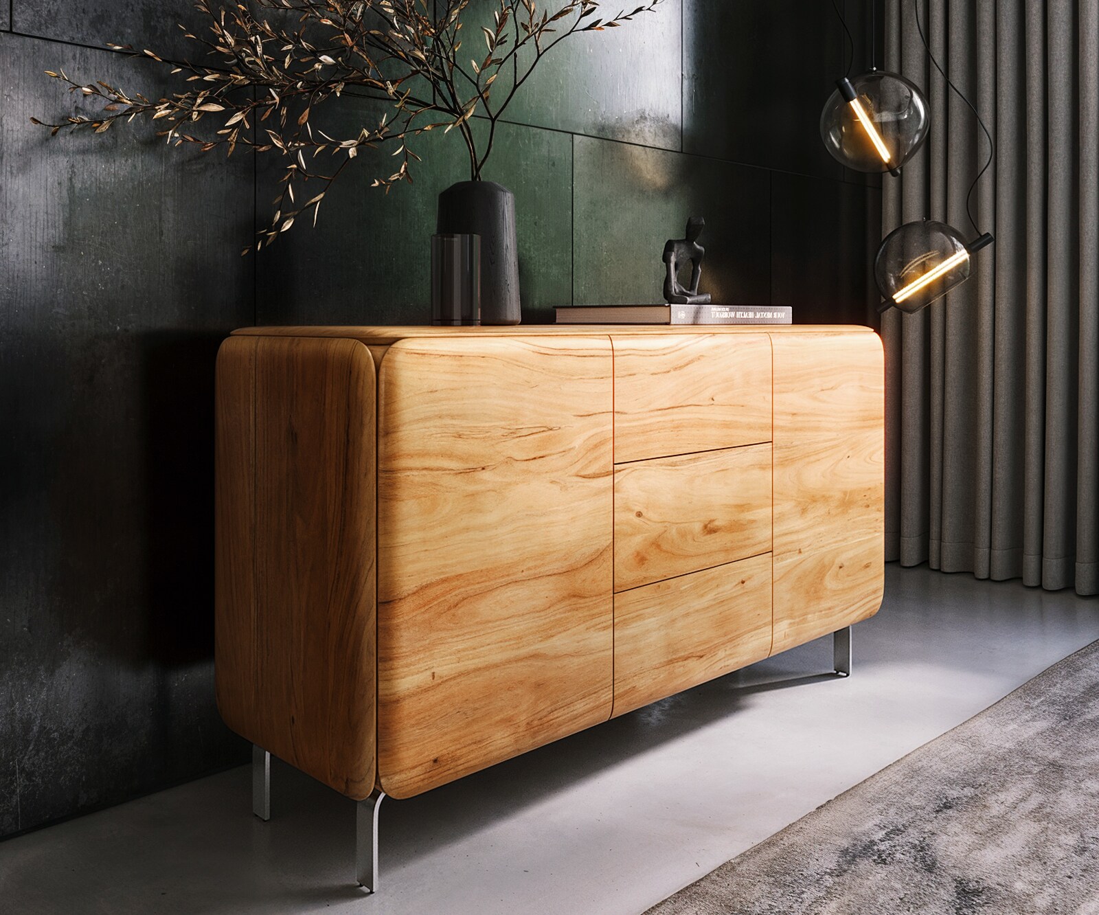 Dressoir Shavani 145 cm acacia natuur 2 deuren 3 lades L-poot RVS zilver 1