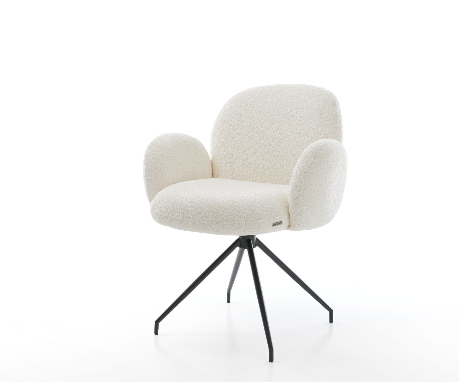 Draaistoel Nube-Flex met armleuning bouclé wit kruisframe conisch zwart 180° draaibaar pocketveer kern
