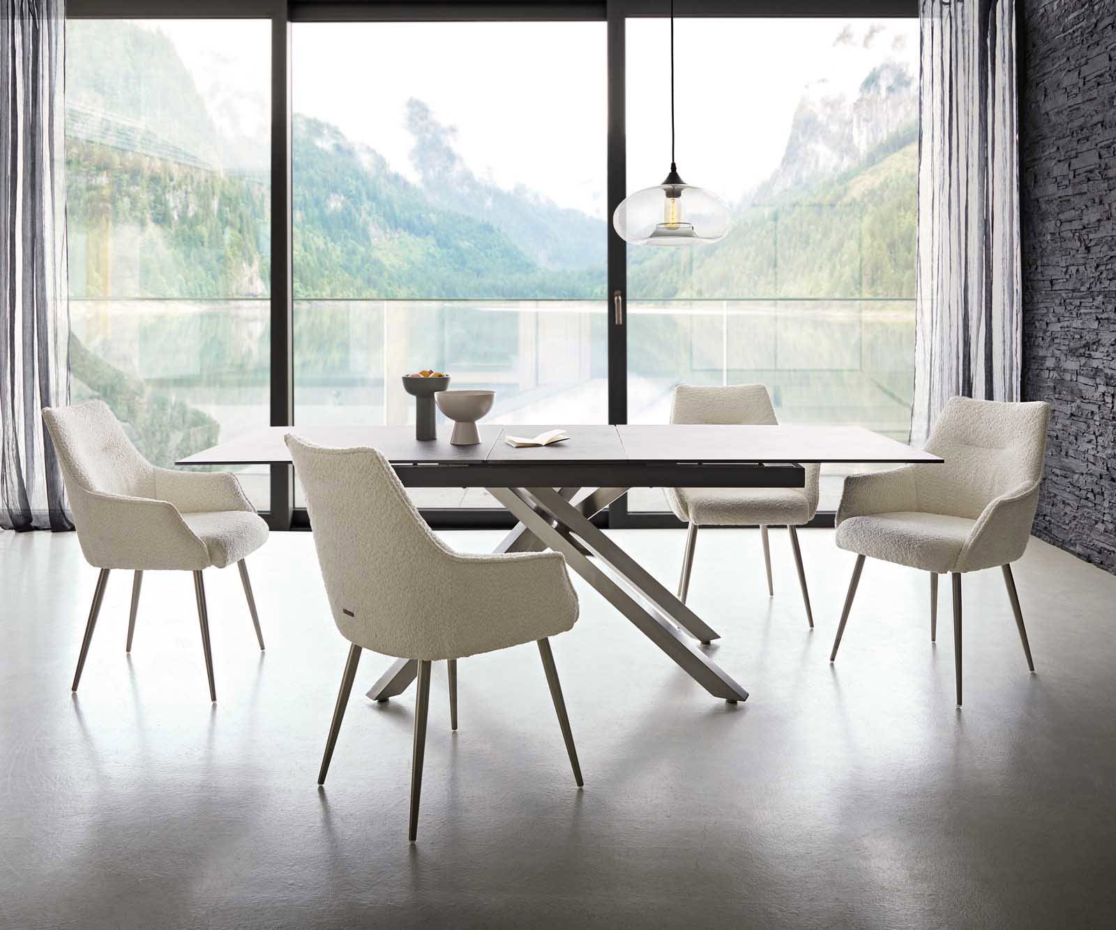 Eetkamerstoel Alja-Flex met armleuning bouclé wit 4-poot conisch roestvrij staal pocketveer kern 3 Eetkamerstoel Alja-Flex met armleuning bouclé wit 4-poot conisch roestvrij staal pocketveer kern 3