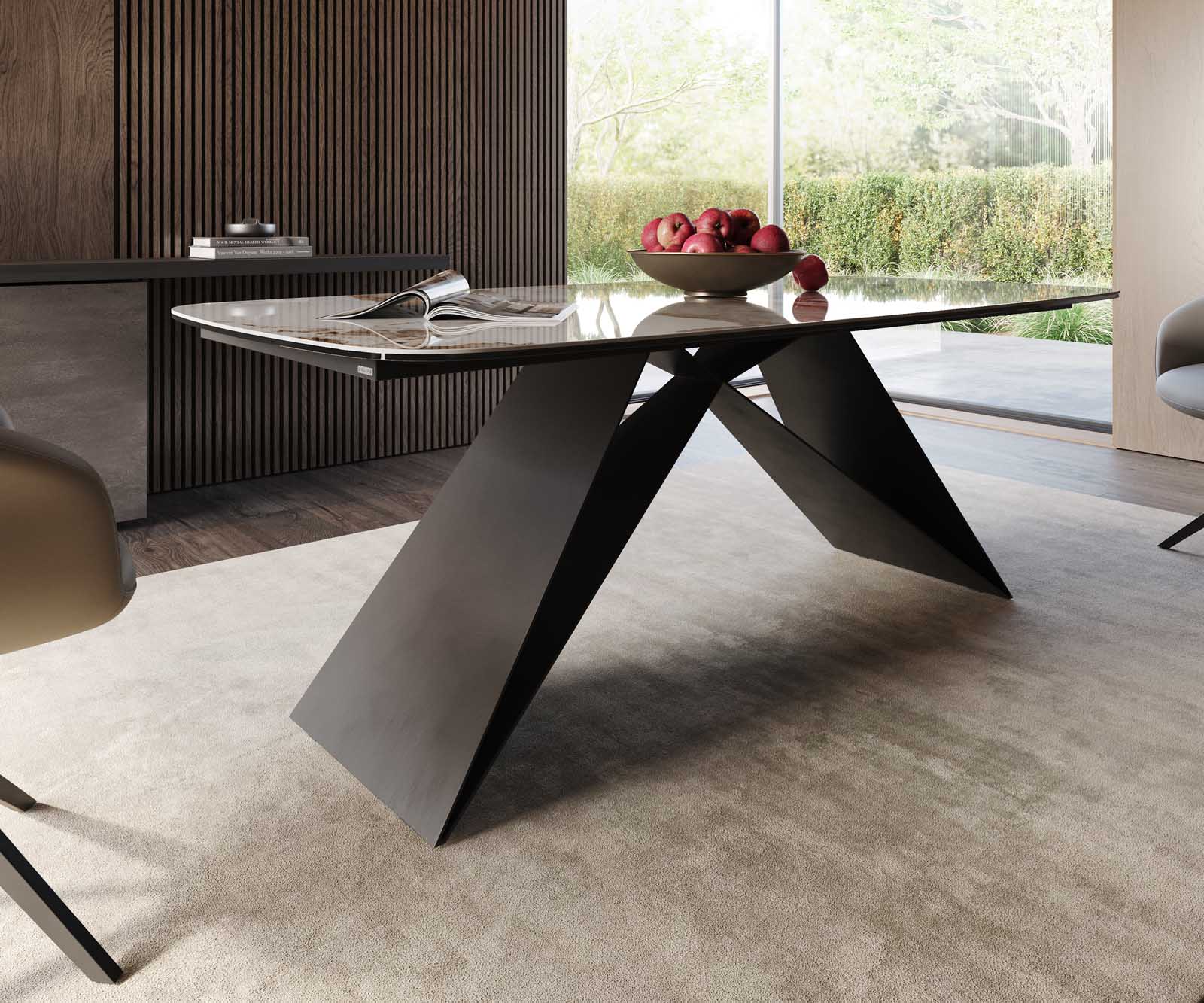 Eetkamertafel Edge Boot 200x100 keramiek Minas Melange wit-beige V-frame vlak staal zwart 5