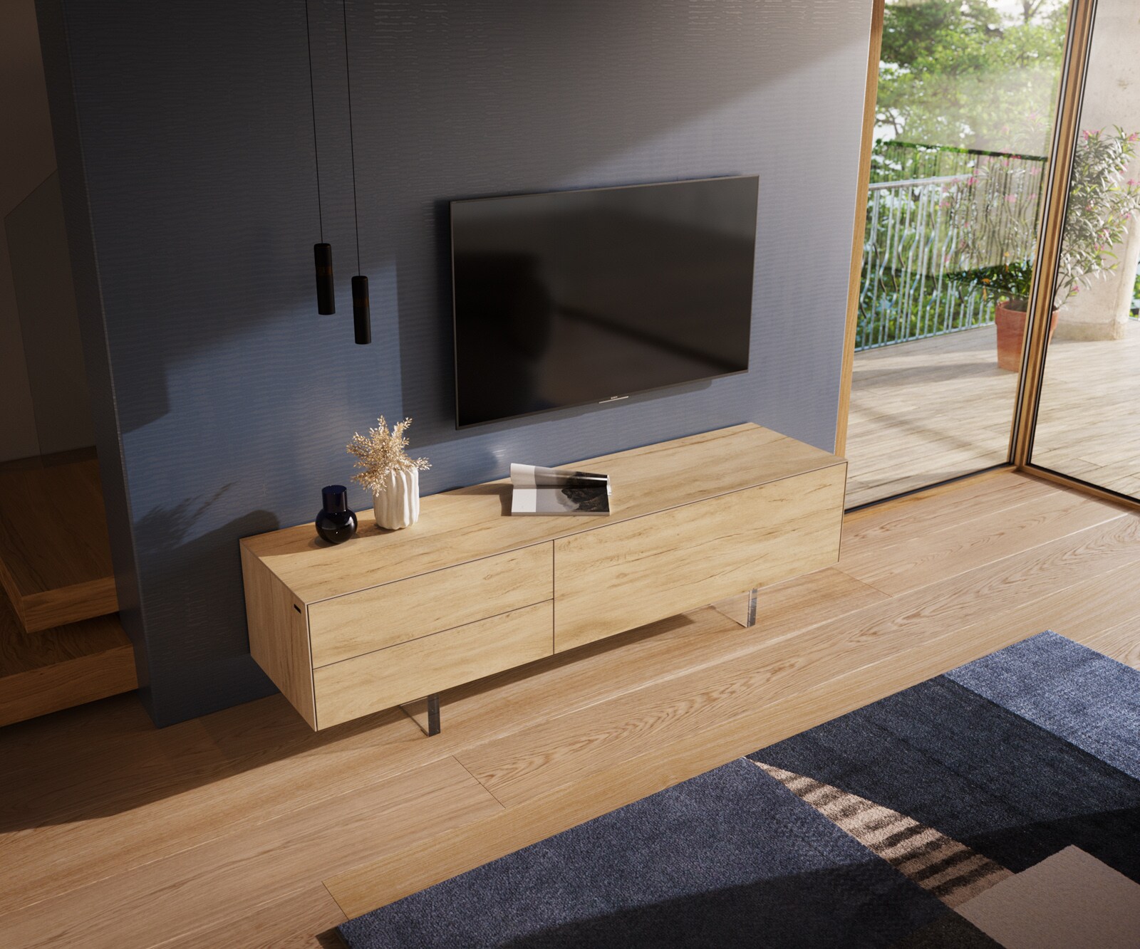 Tv-meubel Cuor 180 cm Keramiek Laminam® Sabbia Eiken gekleurd 1 Flap 2 Laden Zwevende voet look Acrylglas 3
