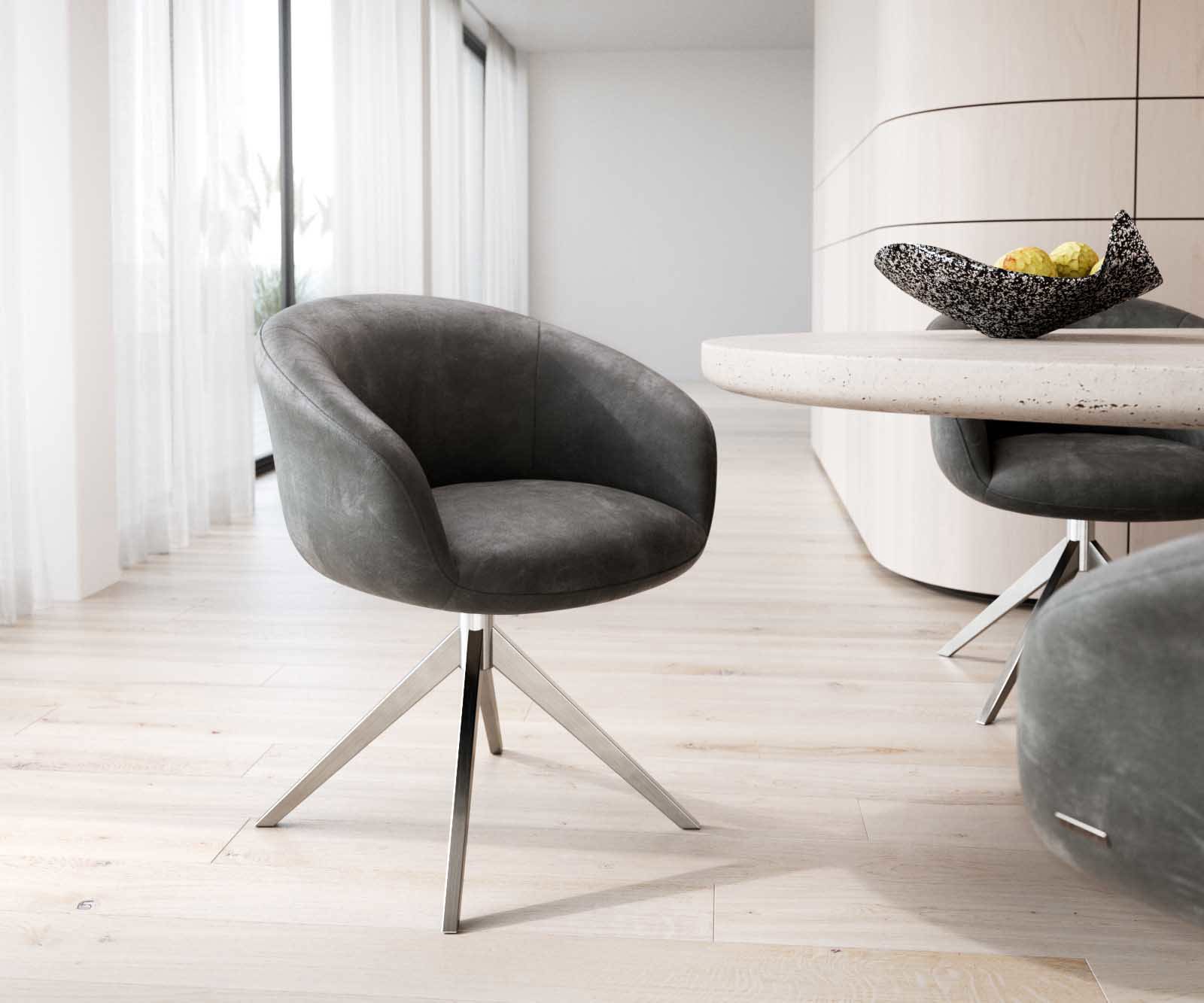 Draaistoel Vinka-Flex met armleuning microvelours antraciet vintage kruisframe breed roestvrij staal 360° draaibaar pocketveer kern