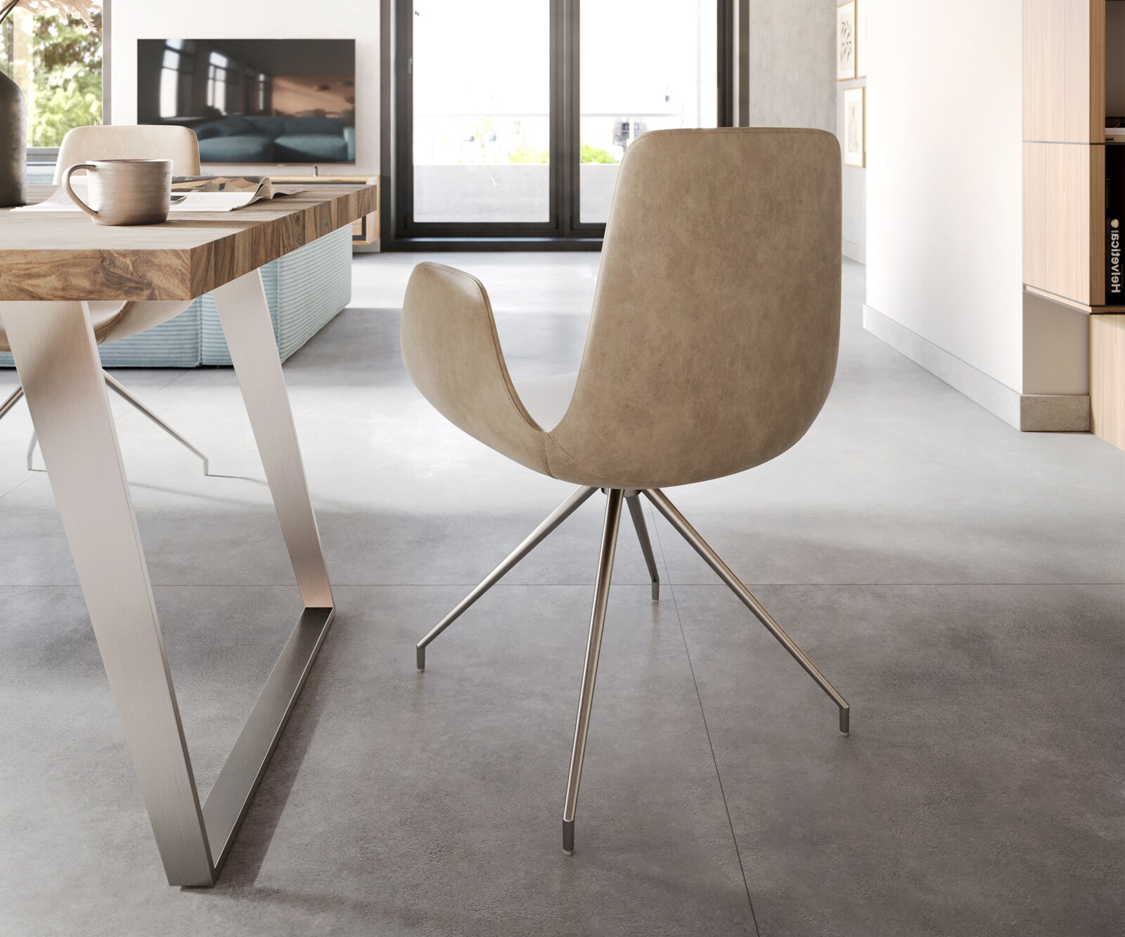 Eetkamerstoel Ilia-Flex met armleuning microvelours beige vintage kruisframe conisch roestvrij staal 4 Eetkamerstoel Ilia-Flex met armleuning microvelours beige vintage kruisframe conisch roestvrij staal 4