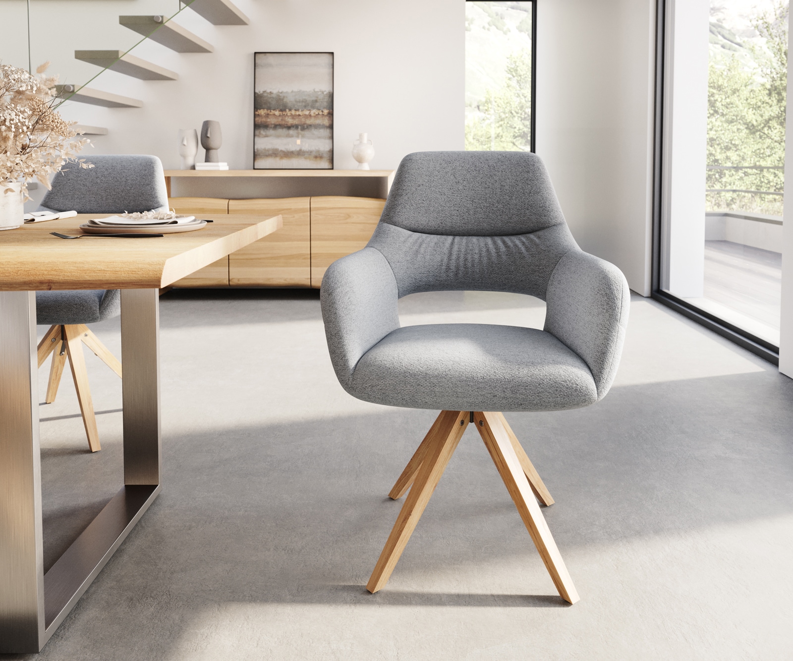 Eetkamerstoel Yago-Flex met armleuning structuurstof lichtgrijs houten frame hoekig natuur pocketveer kern 1 Eetkamerstoel Yago-Flex met armleuning structuurstof lichtgrijs houten frame hoekig natuur pocketveer kern 1