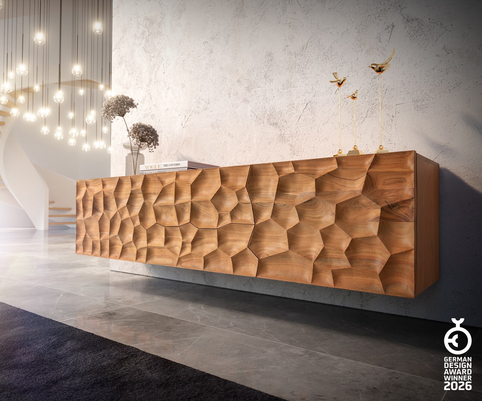 Tv-meubel Solu 175 cm acacia natuur 2 deuren 2 laden zwevend 3D-front