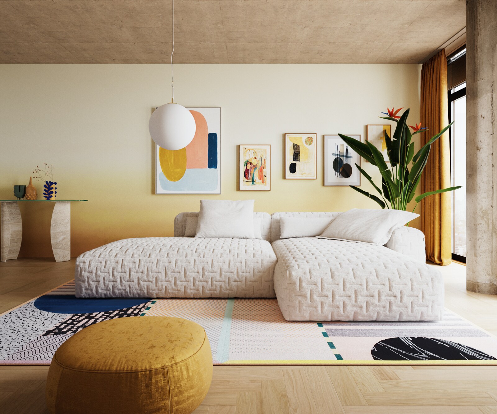 Hoekbank Freestyle 310x200 cm Bouclé zacht Beige gestikt 2