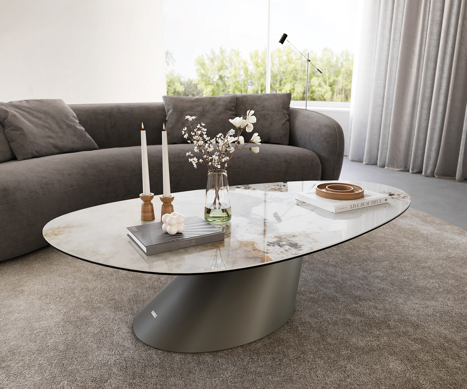 Salontafel Edge Oval 140x75 cm keramiek Minas Melange Conis Metall effectafwerking titaan 1