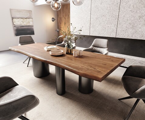 Eetkamertafel Edge 260x100 XL acacia bruin Troa roestvrij staal grafiet Live-Edge
