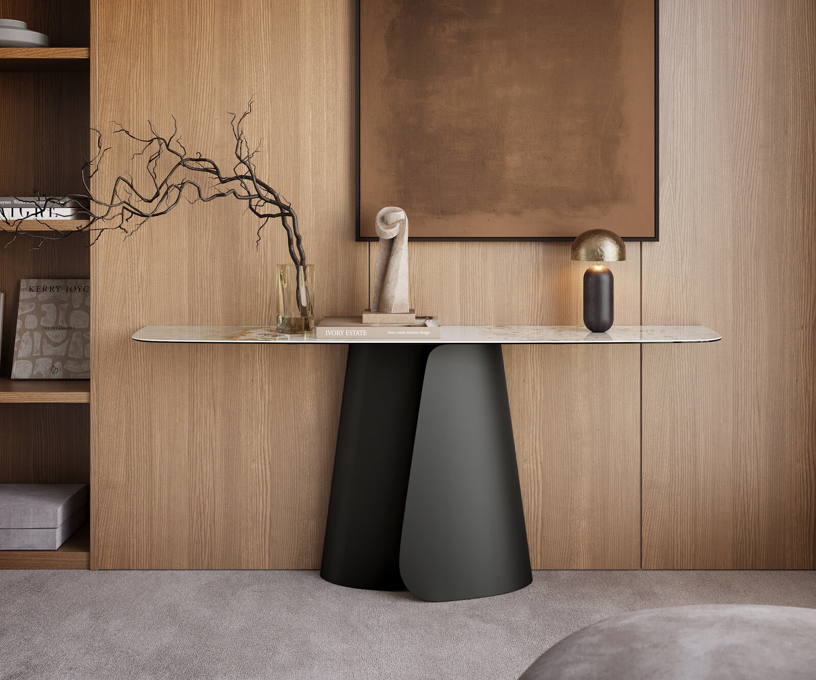 Consoletafel Edge Bootvorm 180x40 cm Keramiek Minas Melange Weiß-Beige Livos Metaal Zwart 4
