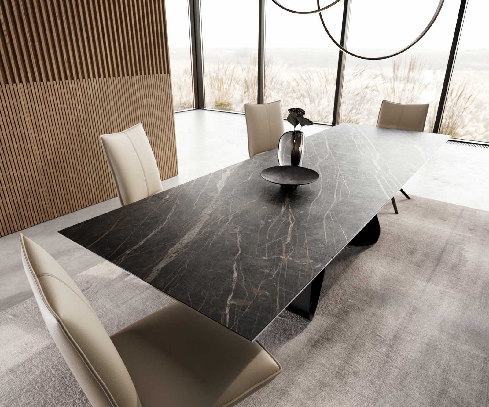 Eetkamertafel Edge 200-300x100 keramiek Laminam®Noir Desir bruin W-frame zwart uitschuifbaar 3
