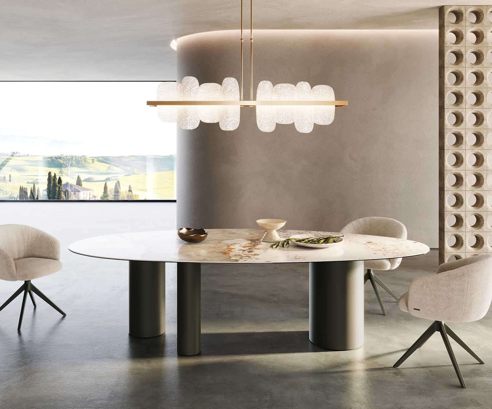 Eettafel Edge ovaal 280x130 keramiek Minas Melange wit-beige Troa metaal effect afwerking titanium 1