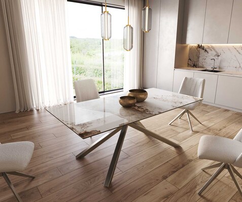 Eetkamertafel Edge 200x100 keramiek Minas Melange wit-beige kruisframe rechthoek RVS