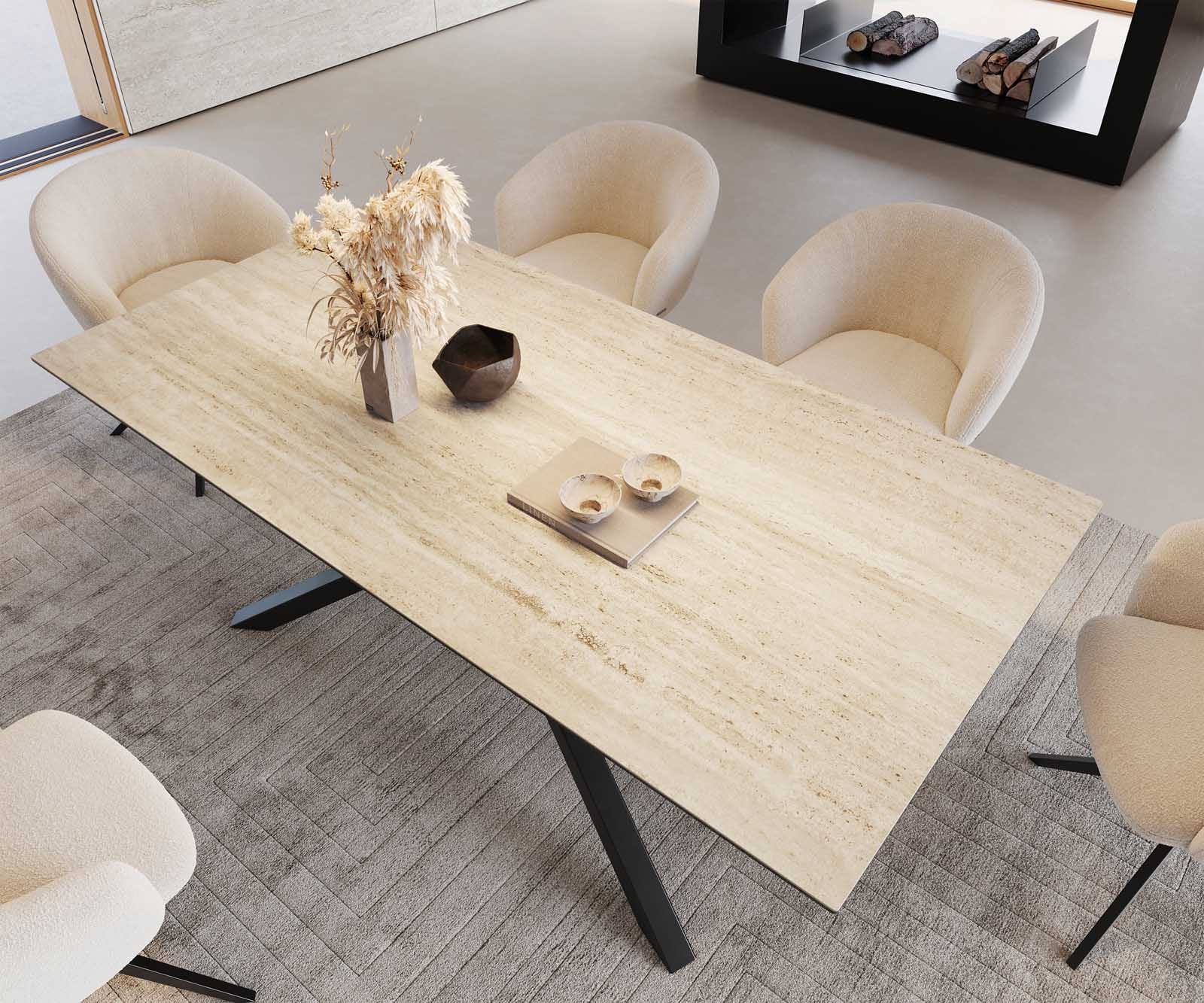 Eetkamertafel Edge 200x100 keramiek Travertin natuur kruisframe rechthoek zwart 5