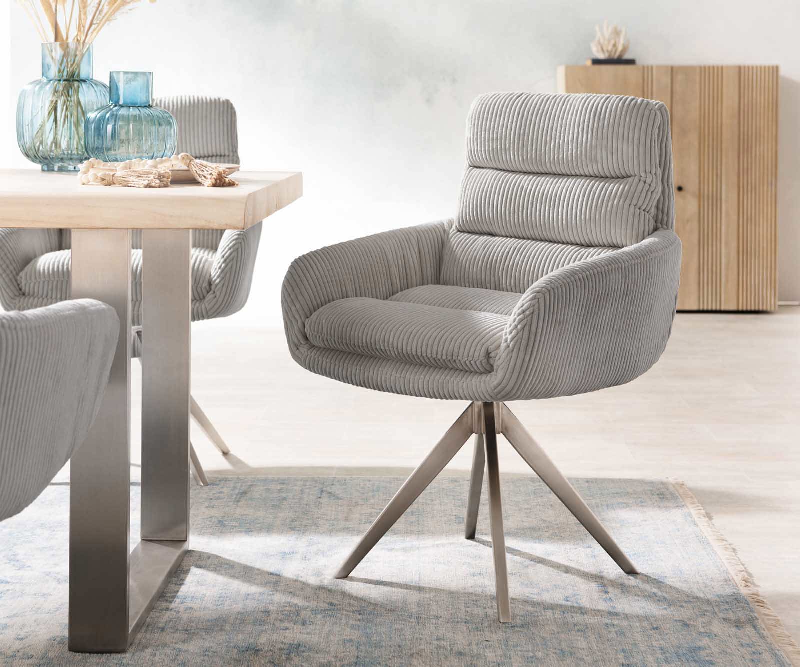 Eetkamerstoel Abelia-Flex met armleuning koord zilver grijs kruisframe hoekig roestvrij staal Eetkamerstoel Abelia-Flex met armleuning koord zilver grijs kruisframe hoekig roestvrij staal