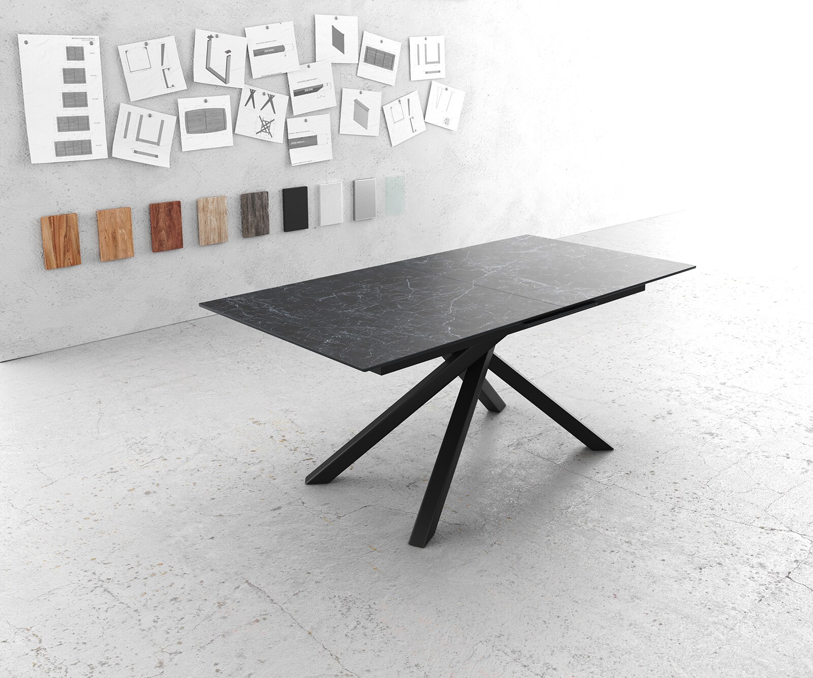 Eettafel Edge 180-220x100cm Laminam® keramiek grijs middenpoot kruis zwart 1