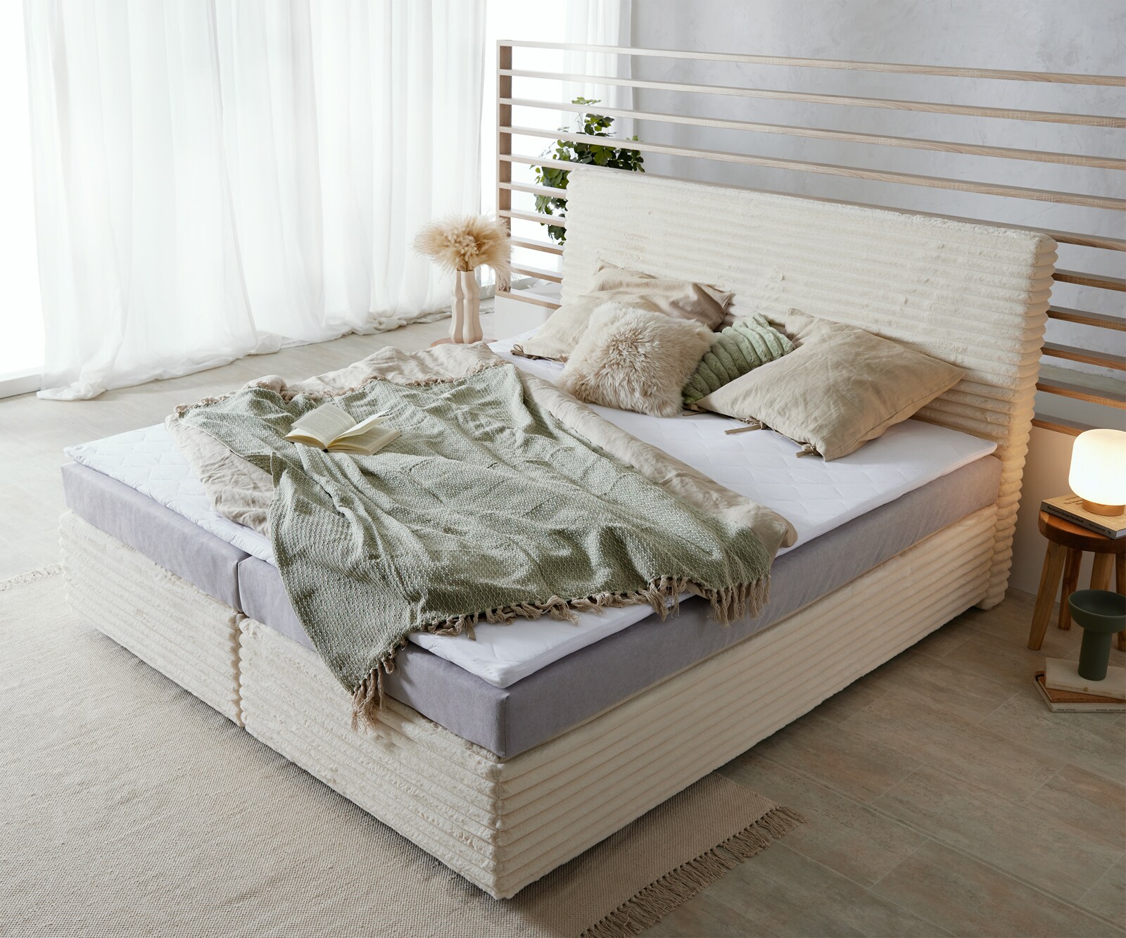 Boxspringbed Dream-Well Pluche-Koord Beige 180x200 cm met Bonell-matras en PU-topper 3