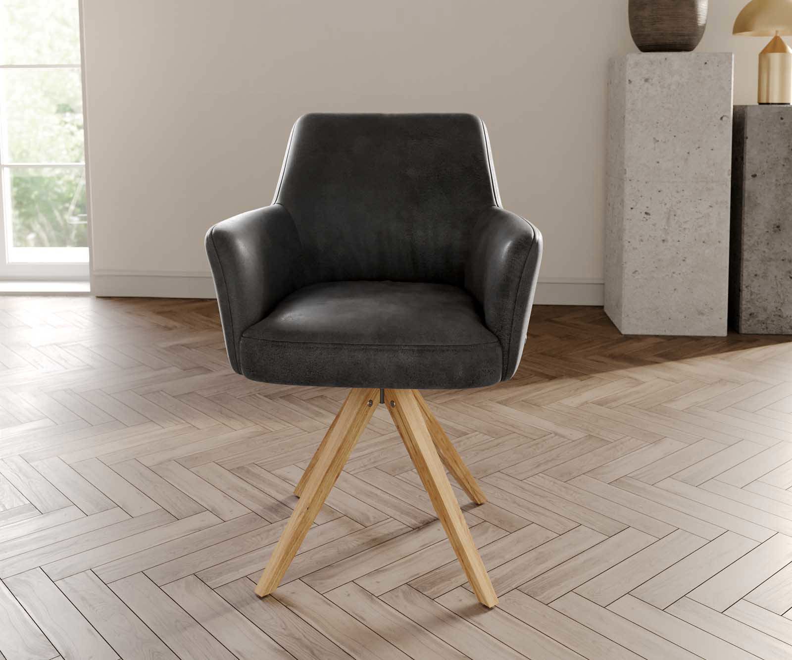 Draaistoel Xana-Flex met armleuning microvelours antraciet vintage houten frame hoekig natuur 180° draaibaar pocketveer kern 1