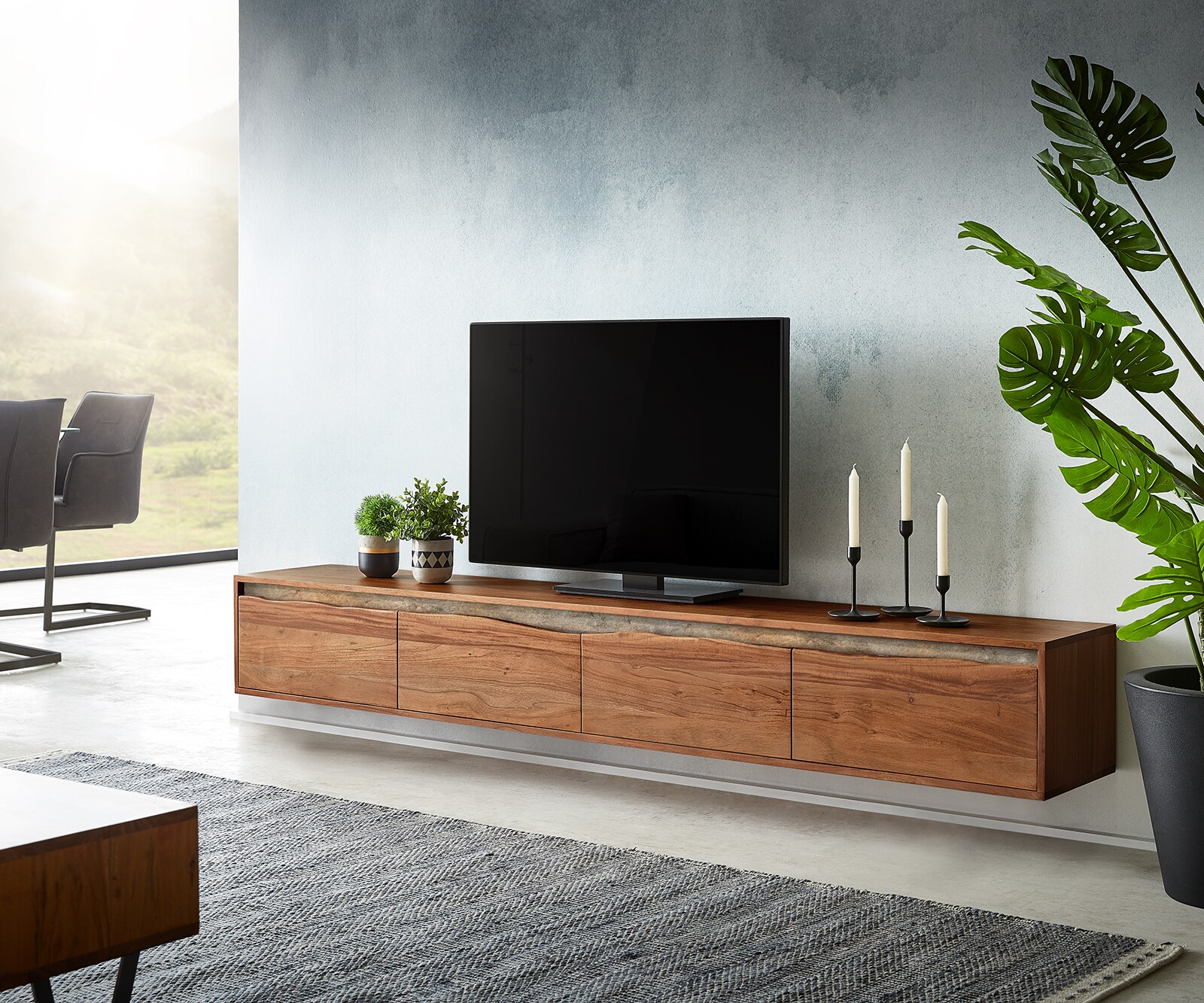 Tv-meubel Stonegrace 220 cm acacia bruin boomkant 4 deuren zwevend