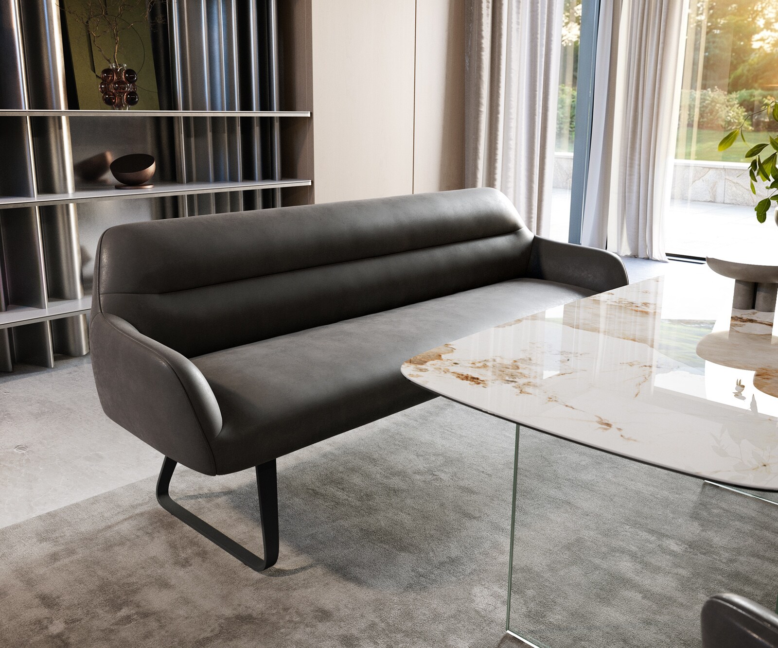 Eetkamerbank Taya-Flex 200 cm microvelours anthraciet vintage platte sledebasis zwart pocketvering 1