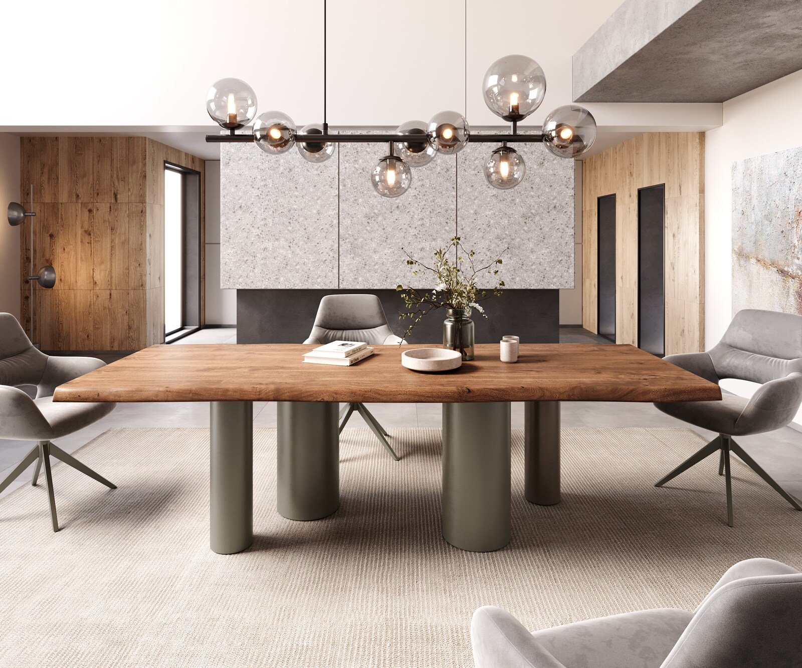 Eetkamertafel Edge 260x100 XL acacia bruin Pilier metaal effectafwerking titaan Live-Edge 1