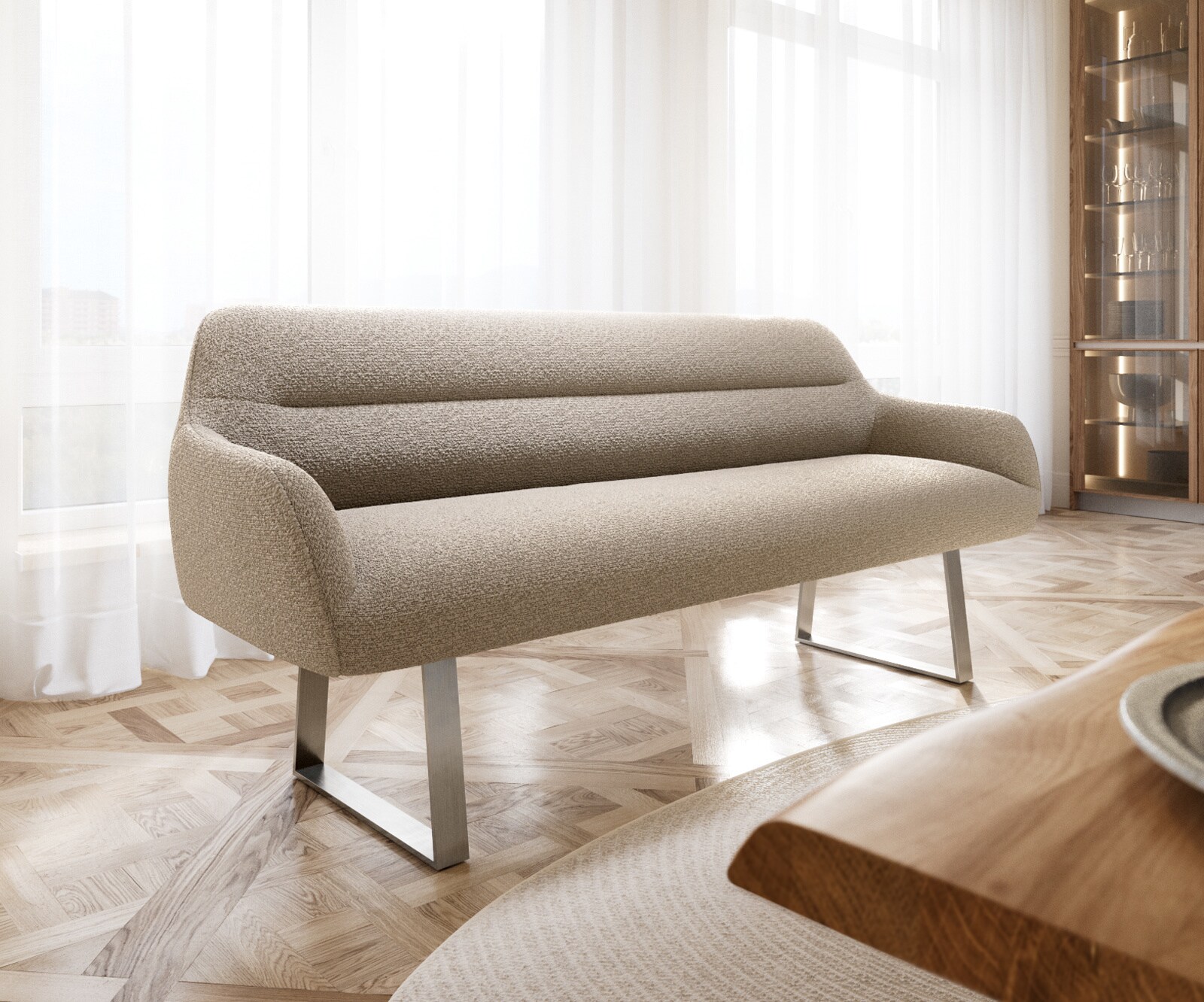 Eetkamerbank Taya-Flex 200 cm bouclé mud gekant sledeframe roestvrij staal pocketvering 1