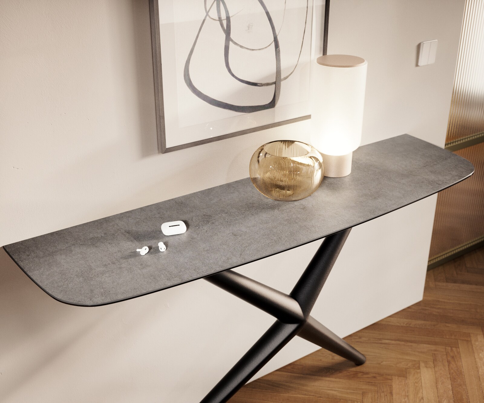 Consoletafel Edge Bootvorm 140x40 cm Keramiek Betongrijs Estelo Metaal Zwart 6