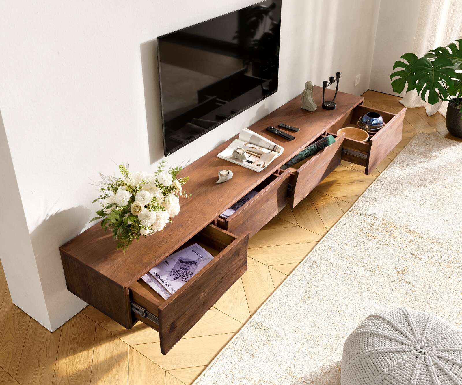 Tv-meubel Wyatt 220 cm acacia bruin 4 laden V-poot roestvrij staal 1