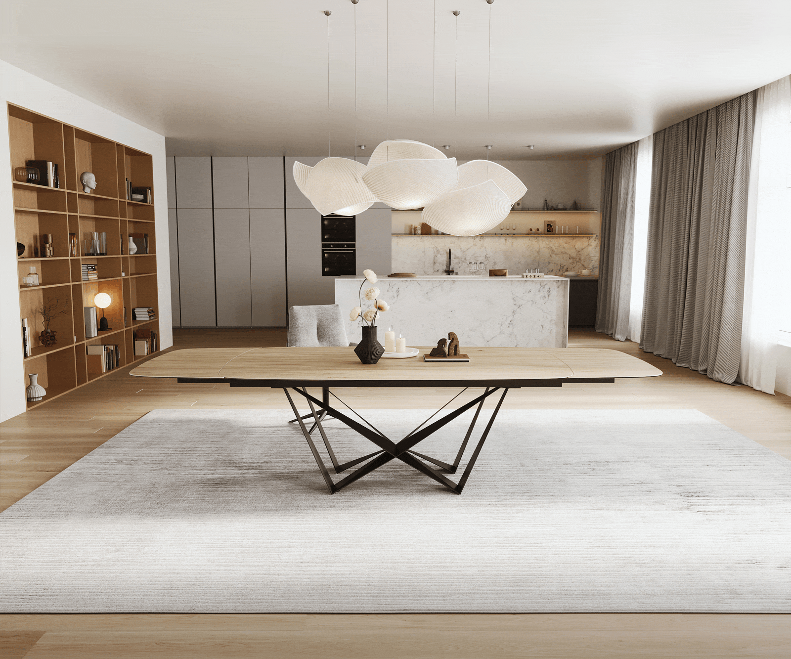 Eettafel Edge Boot 200-300x120 cm Keramiek Laminam® Sabbia Eichefarbig Spider Flachstahl Zwart uitschuifbaar 2