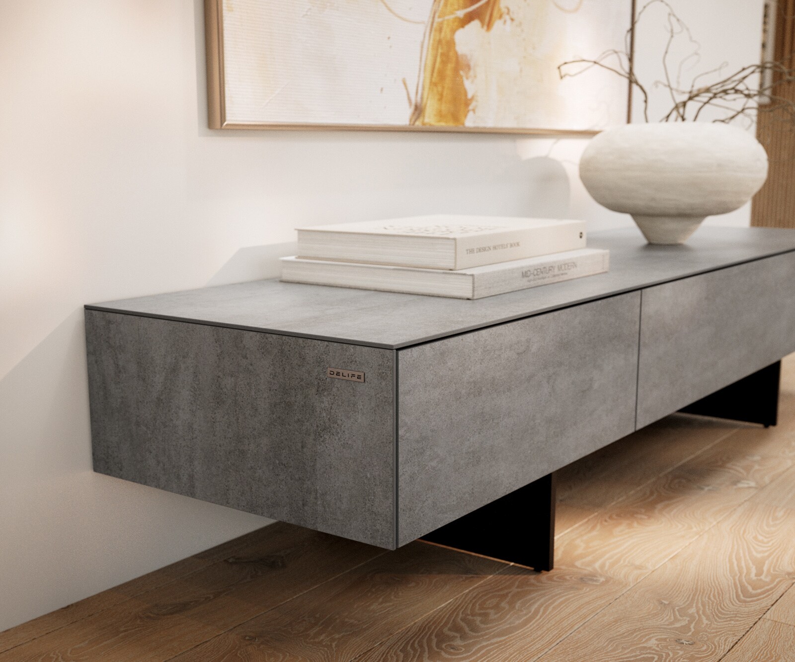Tv-meubel Cuor 150 cm Keramiek Beton Grijs 1 Flap 1 Laden Zwevende voet look Metaal Zwart 6