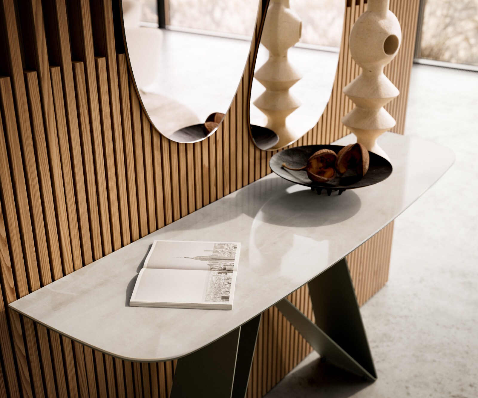 Consoletafel Edge Bootvorm 140x40 cm Keramiek Onyx Champagne Velio Metaal Effektfinish Titan 6
