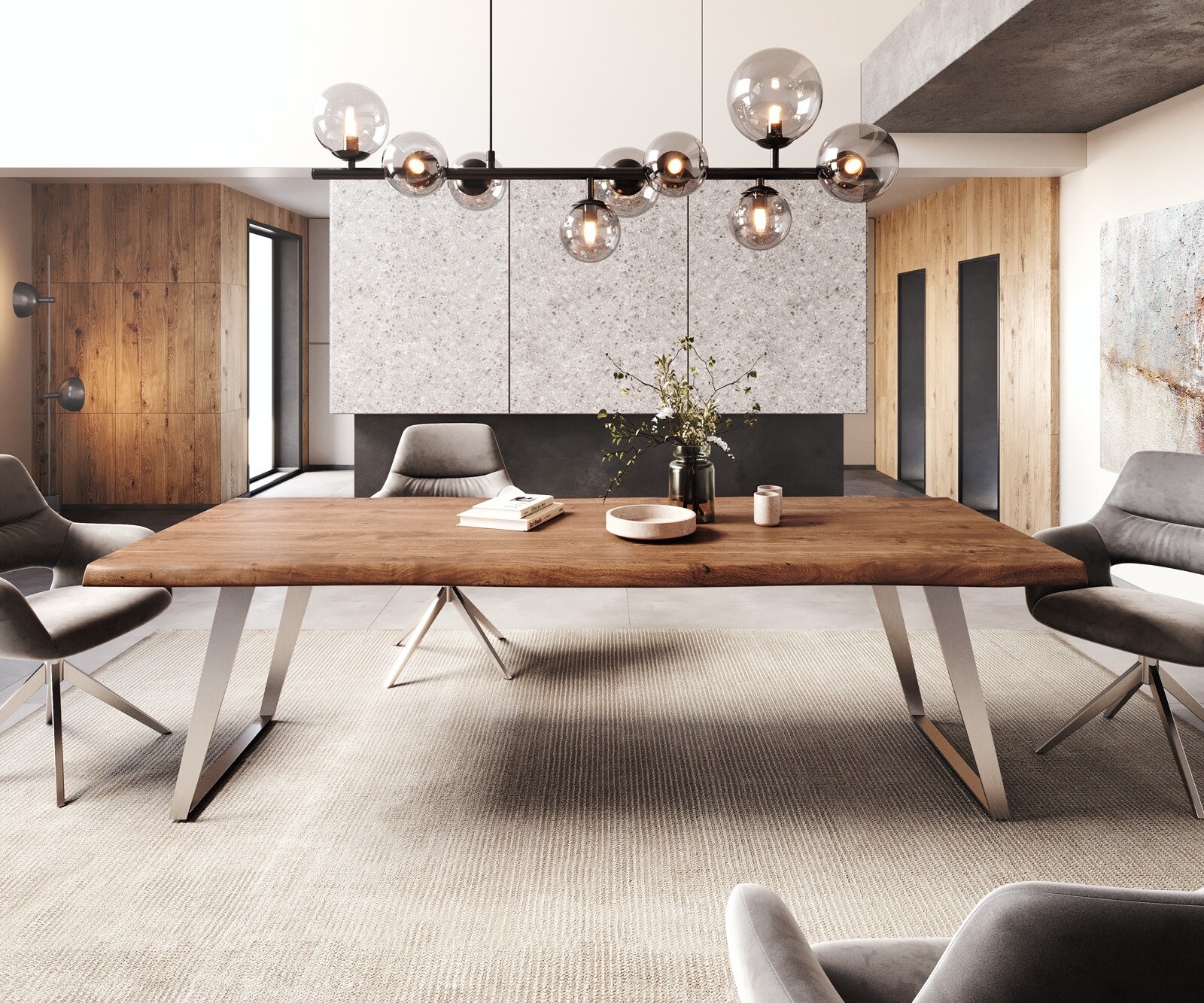 Eettafel Edge 260x100cm XL acacia bruin roestvrijstaal zilver schuin Live-Edge 2