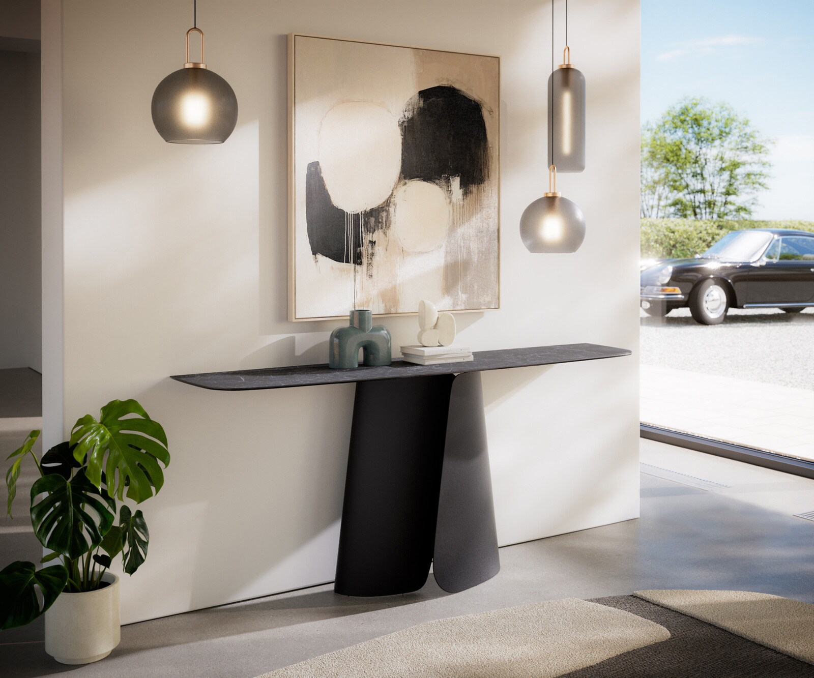 Consoletafel Edge Bootvorm 180x40 cm Keramiek Laminam® Nero Greco Anthrazit Livos Metaal Zwart 7