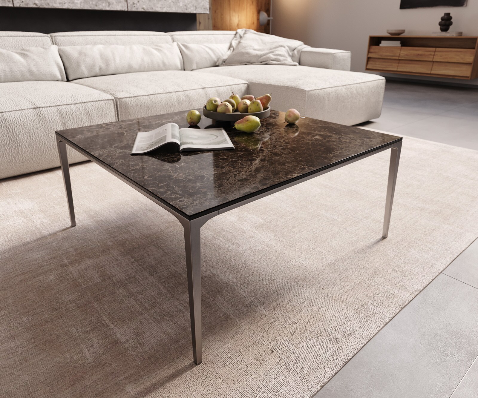 Salontafel Levente 85x85 cm Keramiek Laminam®Emperador Extra Lucidato Donkerbruin frame roestvrij staal zilver