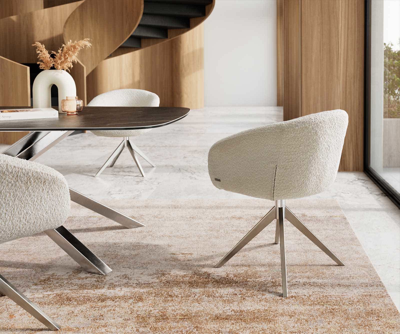 Draaistoel Vinka-Flex met armleuning bouclé wit kruisframe breed roestvrij staal 360° draaibaar pocketveer kern 4 Draaistoel Vinka-Flex met armleuning bouclé wit kruisframe breed roestvrij staal 360° draaibaar pocketveer kern 4