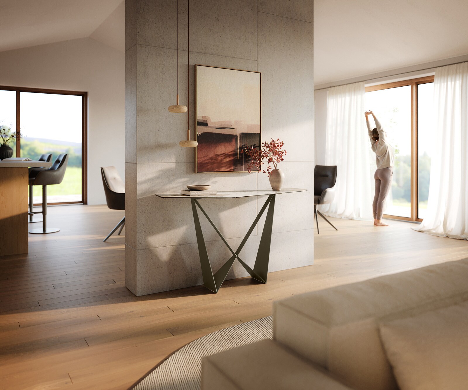 Consoletafel Edge Polygonaal 140x50 cm Keramiek Minas Melange Weiß-Beige Spios Metaal Effektfinish Titan 7