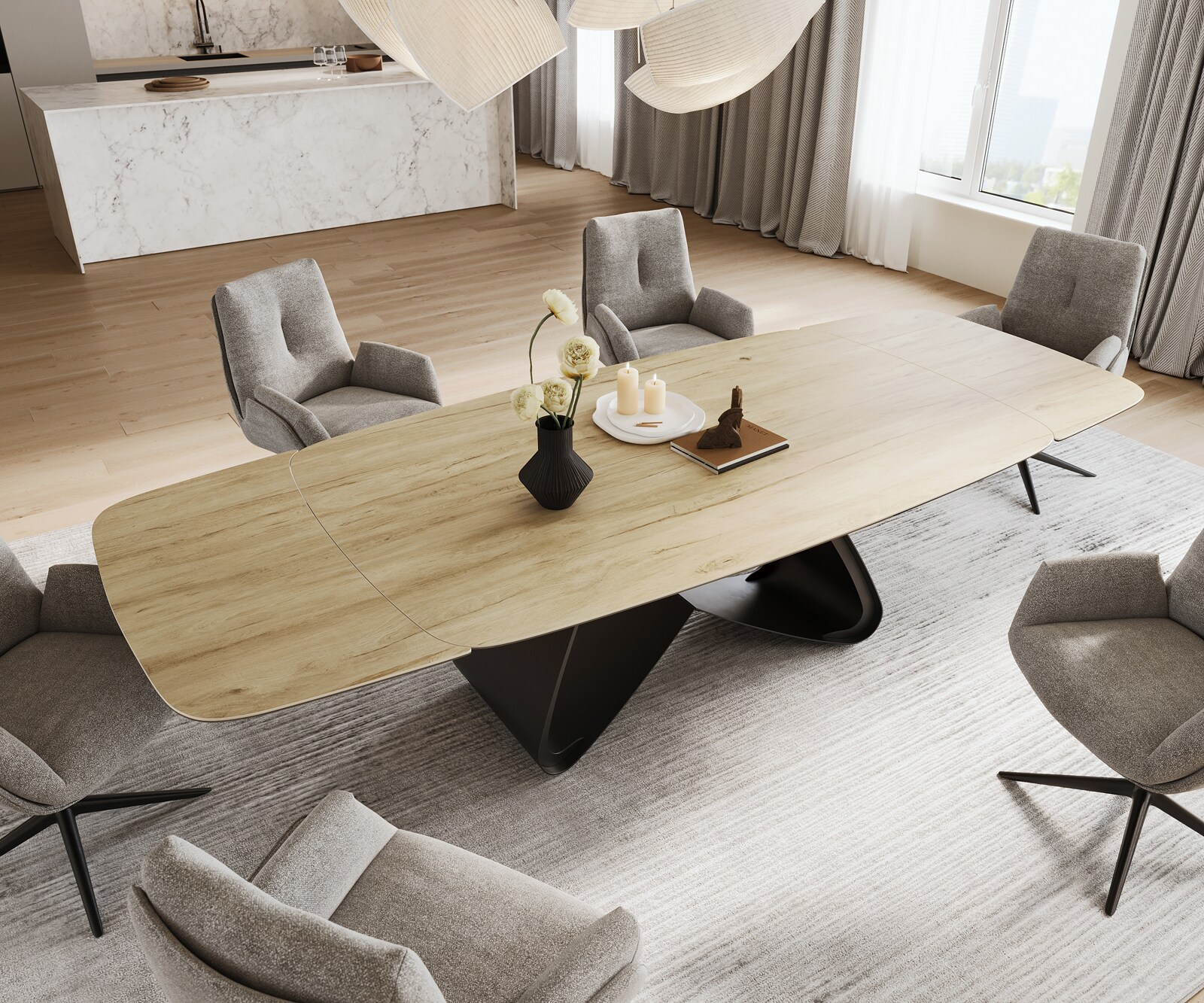 Eettafel Edge Boot 200-300x120 cm Keramiek Laminam® Sabbia Eichefarbig W-onderstel Zwart uitschuifbaar 4