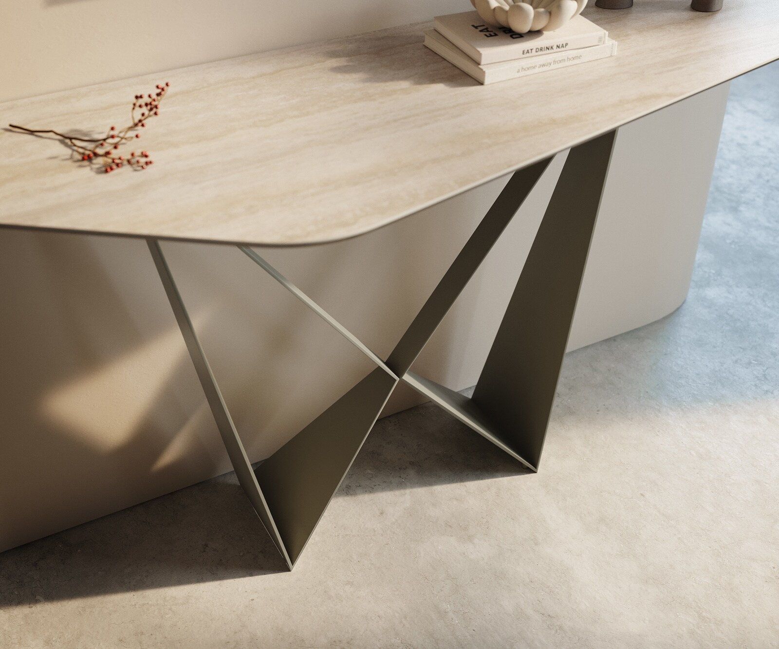 Consoletafel Edge Polygonaal 140x50 cm Keramiek Laminam® Travertino Bianco Creme-Weiß Spios Metaal Effektfinish Titan 6