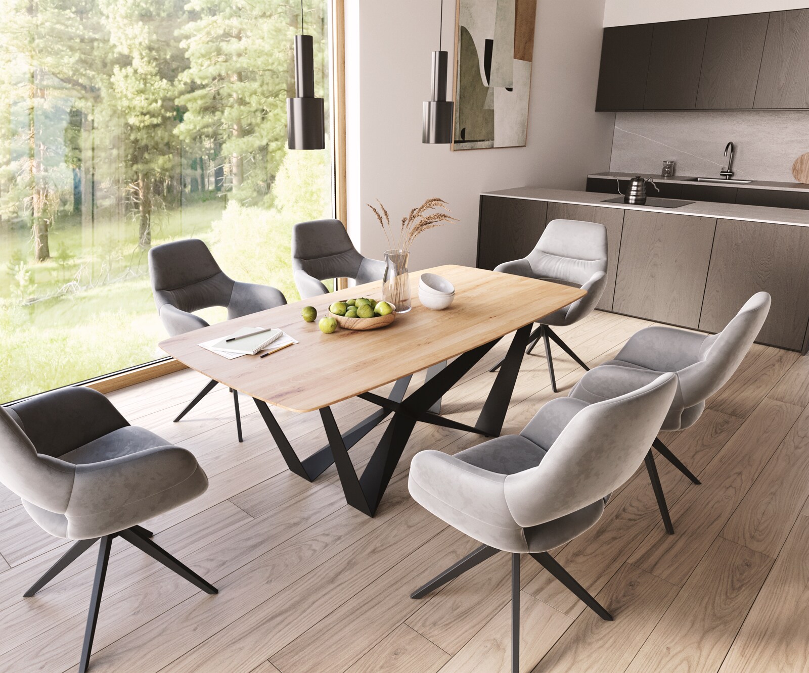 Eettafel Edge Boot 200x100x2,5-3 eiken natuur Spider staal  zwart  Schweizer Kante 6