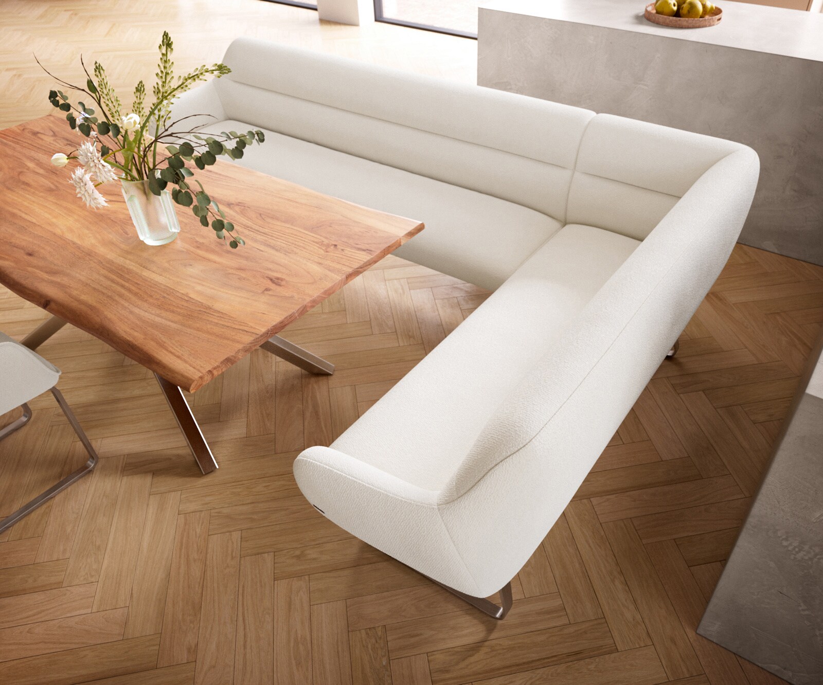 Eetkamerbank Taya-Flex 285x190 cm bouclé crème-wit platte sledebasis roestvrij staal pocketvering links 4