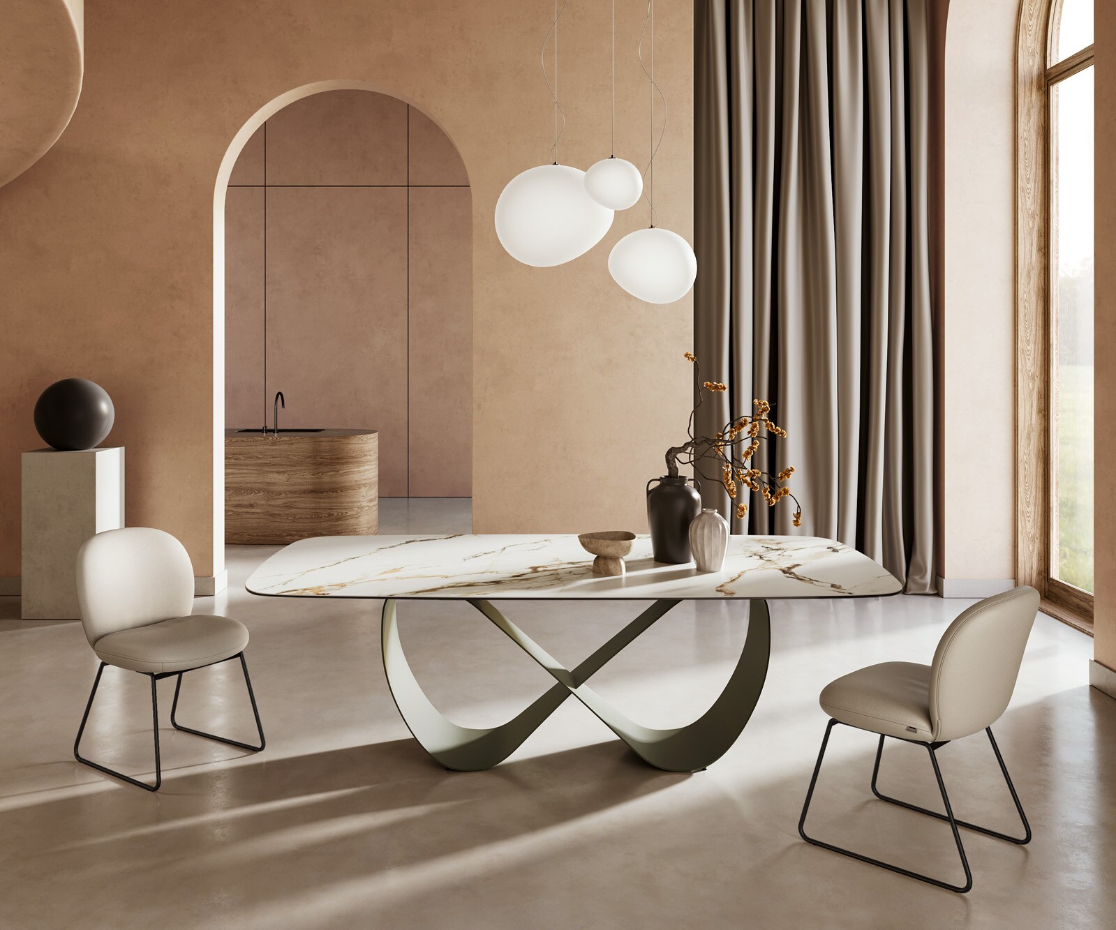 Eettafel Edge Boot 240x120cm keramiek Calacatta Luxe wit-goud-grijs Infinity metaal effect afwerking titanium