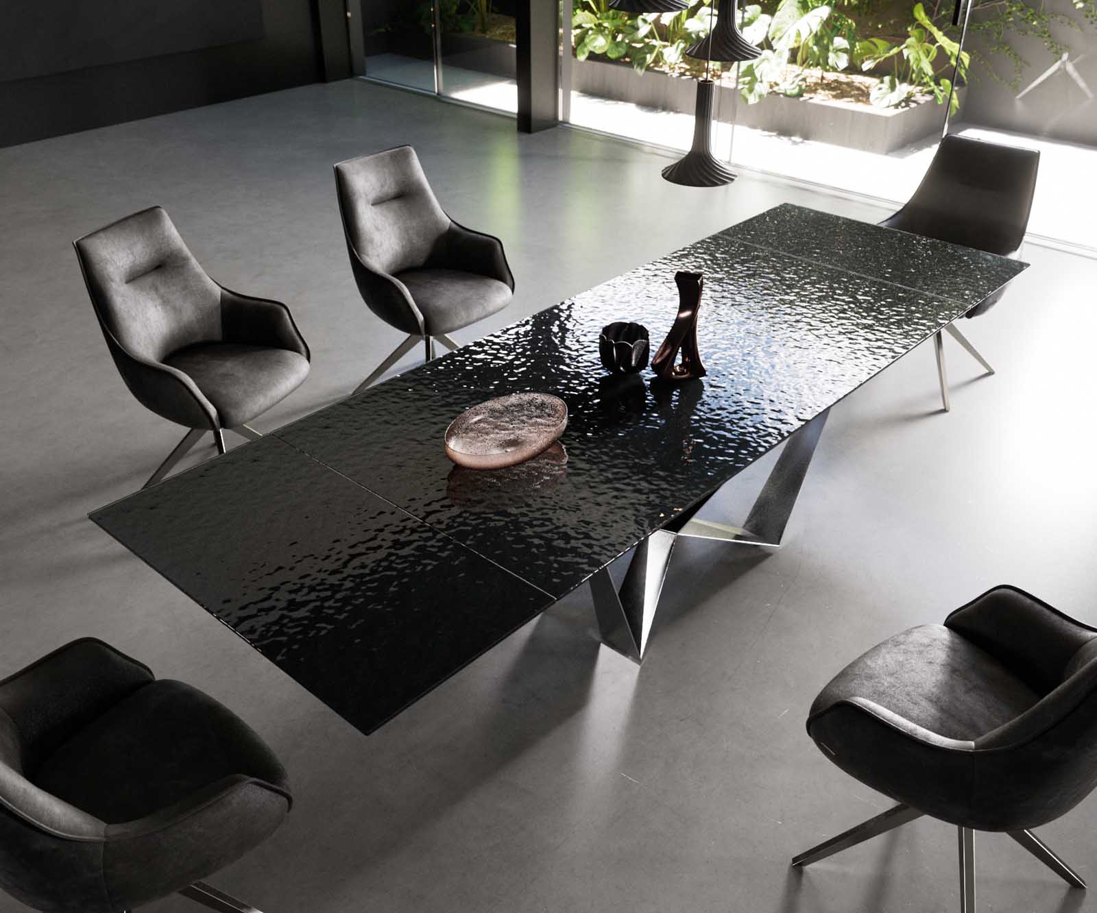 Eetkamertafel Edge 200-300x100 Glas smelten rokerig zwart 3D-Relief spider vlak staal RVS uitschuifbaar 3