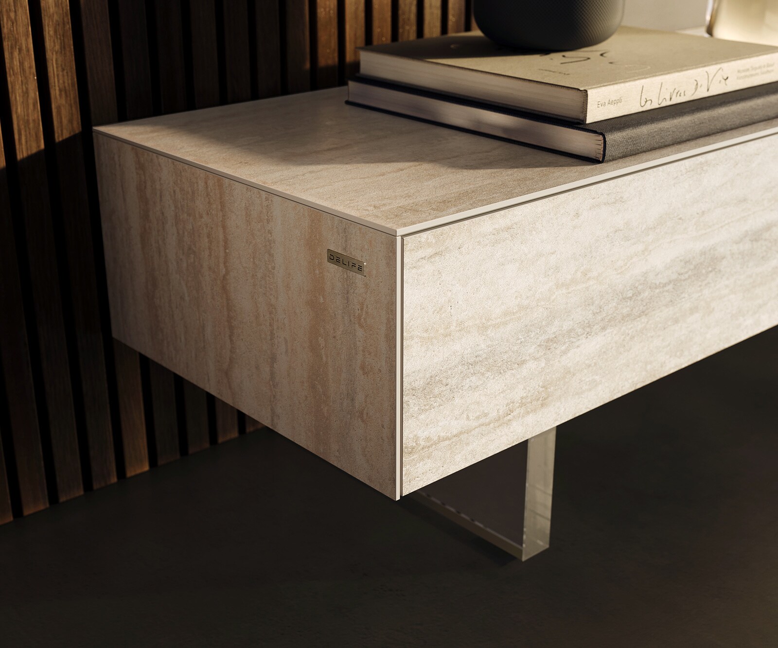 Tv-meubel Cuor 250 cm Keramiek Laminam® Travertino Bianco Crème-wit 1 Flap 1 Lade Zwevende voet look Acrylglas 5
