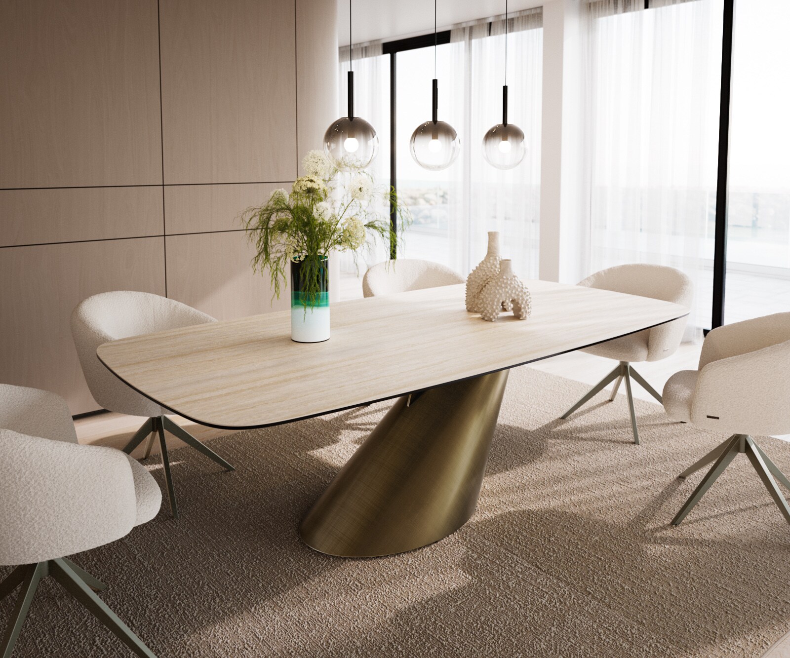 Eettafel Edge Boot 240x120 keramiek  Travertin natuur Cono metaal goud 1