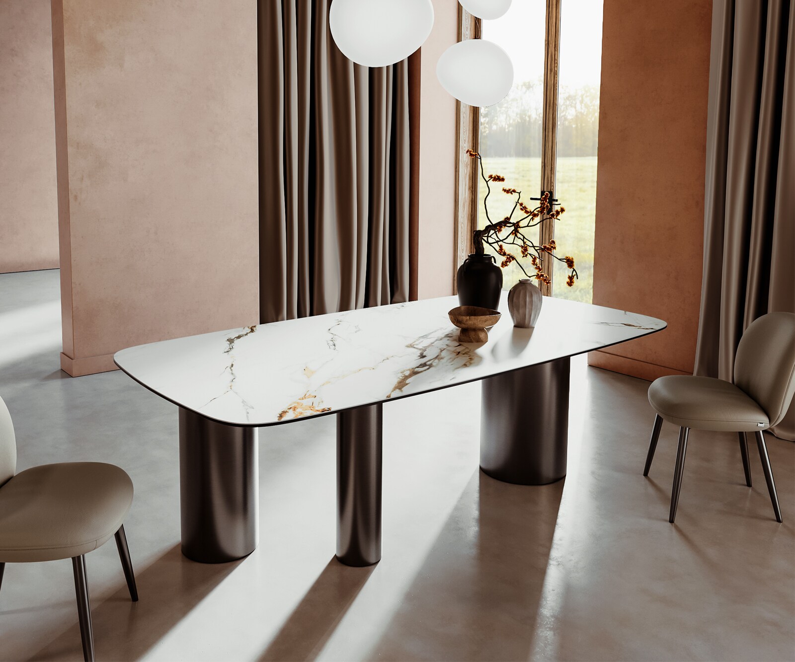 Eetkamertafel Edge Boot 240x120 keramiek Calacatta Luxe wit-Gold-grijs Troa roestvrij staal grafiet 1