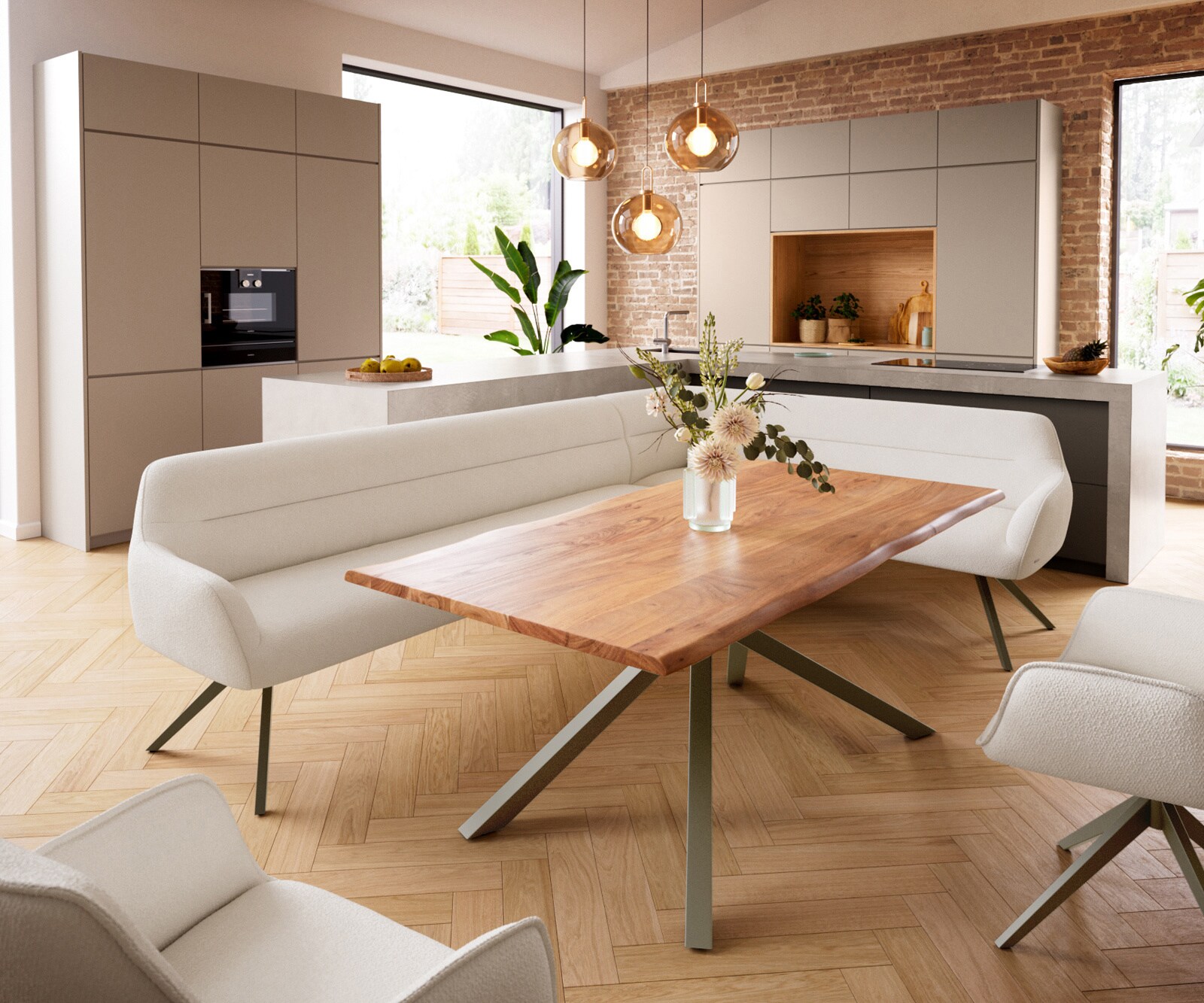 Eetkamerbank Taya-Flex 285x190 cm bouclé crème-wit hoekig kruisframe afwerking met titaniumeffect pocketvering links 1