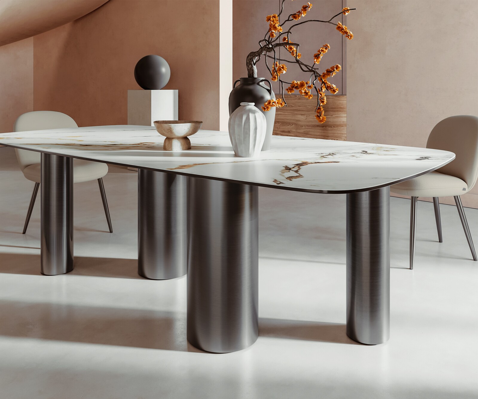 Eetkamertafel Edge Boot 240x120 keramiek Calacatta Luxe wit-Gold-grijs Pilier roestvrij staal grafiet 6