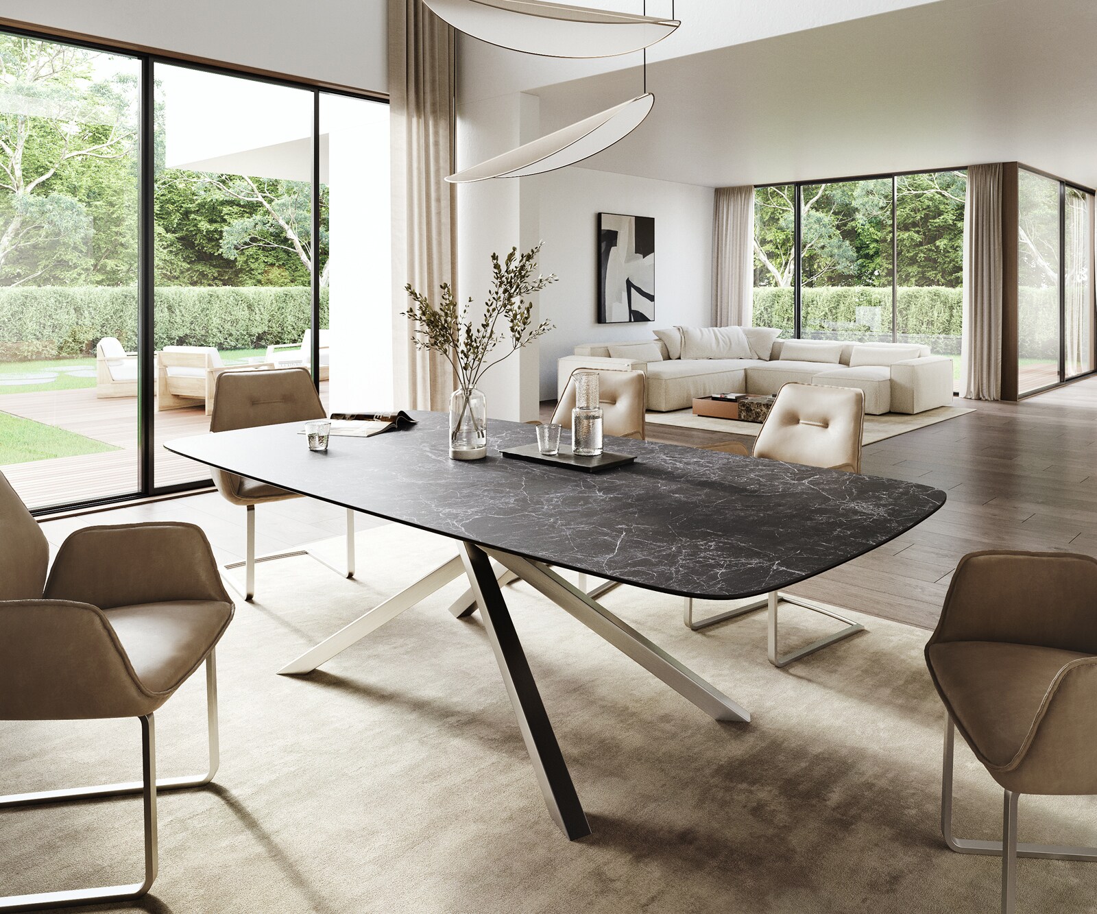 Eettafel Edge Boot 260x120 cm Keramiek Laminam® Nero Greco Anthrazit kruisonderstel Rechthoek Roestvrij staal