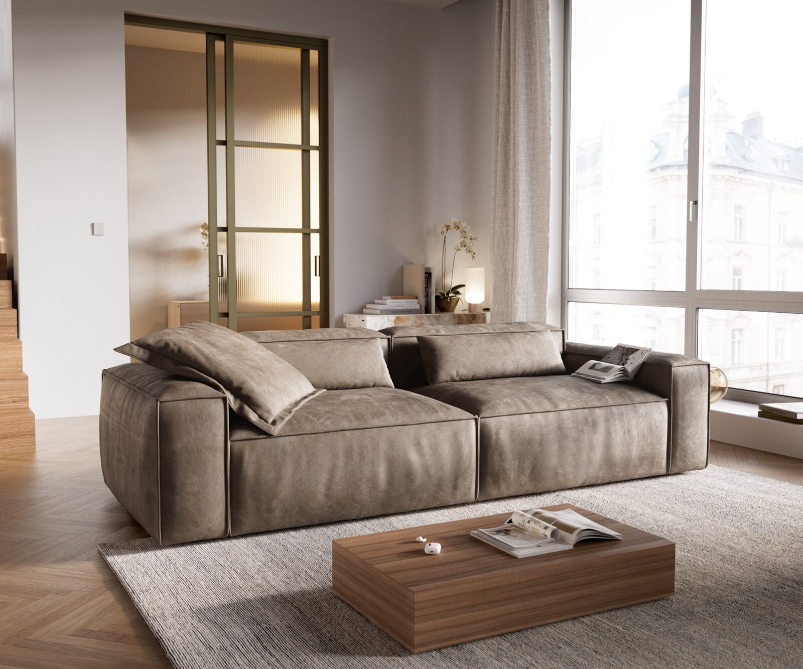 Bigsofa Freestyle 280x110 cm Microvezelmateriaal Taupe Vintage kedernaad 1